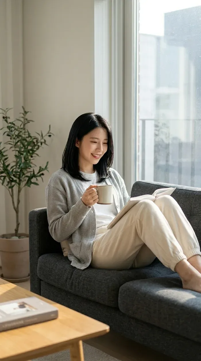 部屋でくつろぐ私服姿のあおい